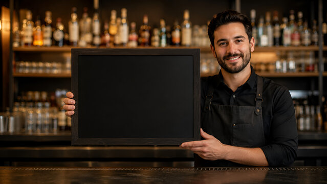 Bartender presenting blank black sign behind illuminated bar