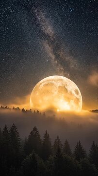 Luna llena iluminando un bosque en una noche tranquila con ambiente m&aacute;gico y natural.