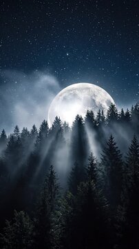 Luna llena iluminando un bosque en una noche tranquila con ambiente m&aacute;gico y natural.