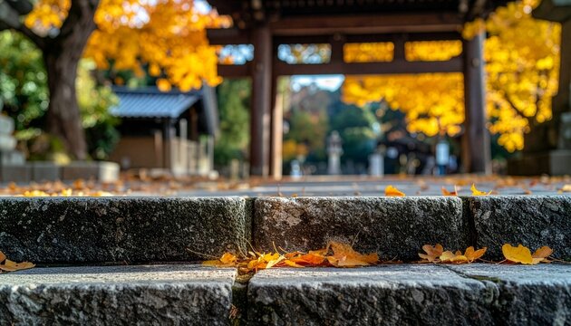 黄葉した木々に囲まれた寺の門と石段に散る秋の落ち葉