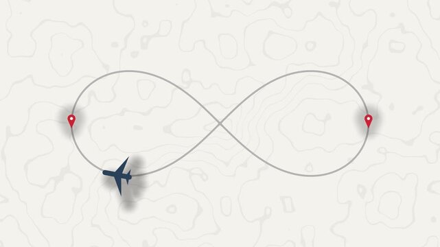 Airplane traveling along an infinity symbol flight path on a topographic map background