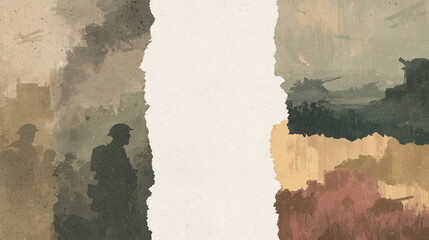 Fototapeta premium WWII Style Layered Background – Muted War Scene Collage with Blank Space for Text Historical Battlefield Background Illustration – Soldier and Tanks, Torn Paper Banner