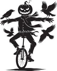 Halloween-themed scarecrow riding a unicycle with crows vector illustration © Masud