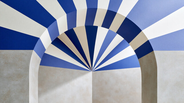 Playful circus inspired interior with blue and white radial stripes, geometric arches and dramatic funhouse pattern in modern architectural space
