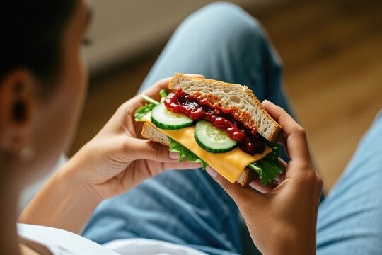 Person holds homemade bread sandwich with fresh cucumber slices, cheese plus red sauce. Woman enjoys tasty meal during lunch break at home. Healthy vegetarian snack snack in hands for quick bite.