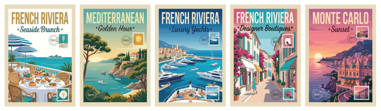 Vintage French Riviera travel poster set. Retro coastal lifestyle illustration of seaside brunch, luxury yachts, shopping, Monte Carlo sunset. Print