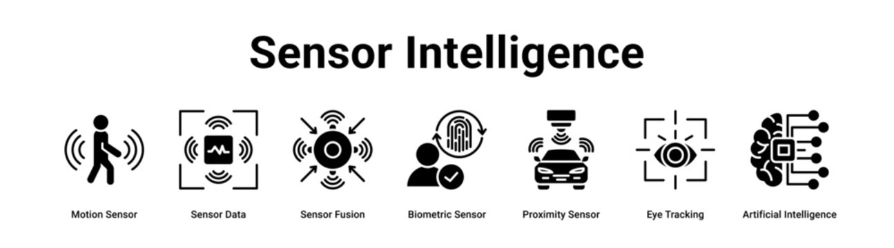 Sensor Intelligence web banner icon vector illustration concept for technology  with icon of Motion Sensor, Sensor Data, Sensor Fusion, Biometric Sensor, Proximity Sensor, Eye Tracking, Artificial.