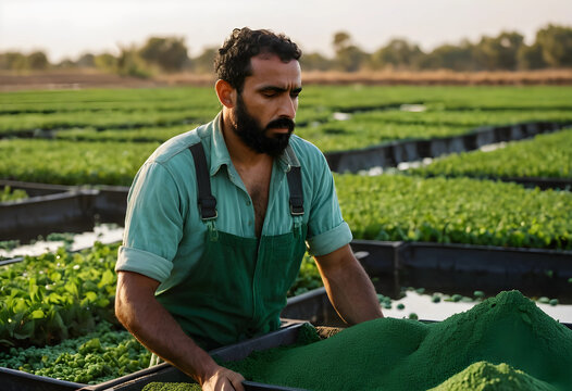 Farmer harvesting green duckweed in a sustainable aquaculture farm, agricultural worker in a field