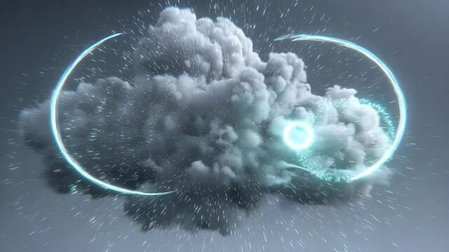 Storm clouds with glowing energy circles in abstract digital style on grey background, concept of power and motion