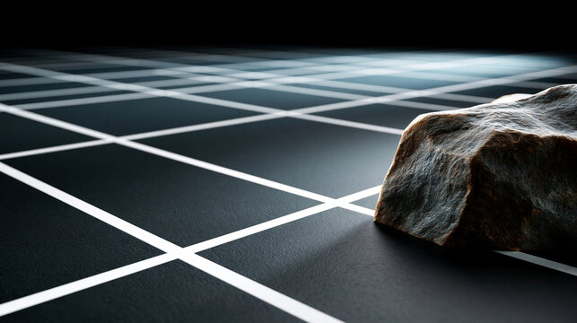 Rock grid geometric pattern minimalist modern black white rock on black surface with clean white line grid, abstract low angle composition