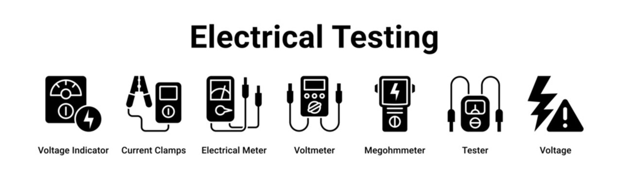Electrical Testing web banner icon vector illustration concept for technology with icon of Voltage Indicator, Current Clamps, Electrical Meter, Voltmeter, Megohmmeter.