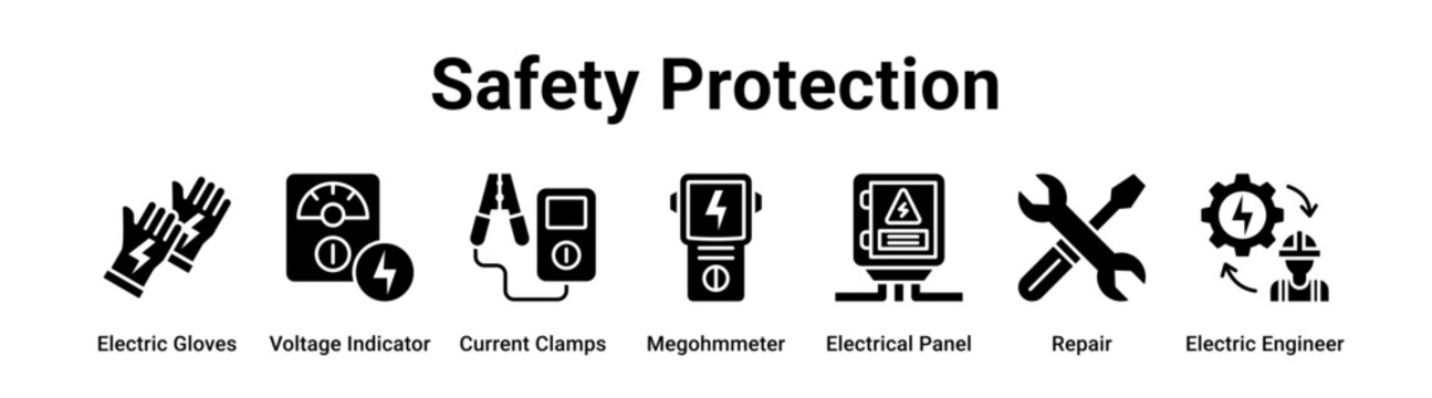 Safety Protection web banner icon vector illustration concept for technology with icon of Electric Gloves, Voltage Indicator, Current Clamps, Megohmmeter, Electrical Panel, Repair.