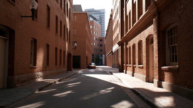 Una calle de una ciudad moderna, con paredes de ladrillo cl&aacute;sico