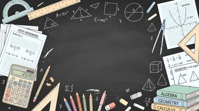 Empty blackboard with school supplies and chalk drawings. Education concept featuring blank slate for lesson planning and creative teaching ideas.
