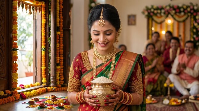 Joyful Indian bride in ethnic wear carrying a holy brass pot across a decorated threshold during her auspicious post-wedding Griha Pravesh ceremony.