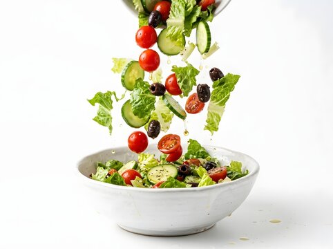Fresh healthy vegetable salad ingredients falling into a bowl for cooking concept
