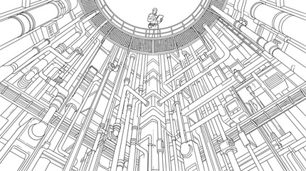Fototapeta premium An intricate line drawing of a circular structure with a person standing on top,.