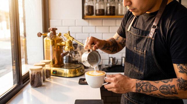 Barista pouring milk into coffee cup. Professional cafe worker making latte art at machine.