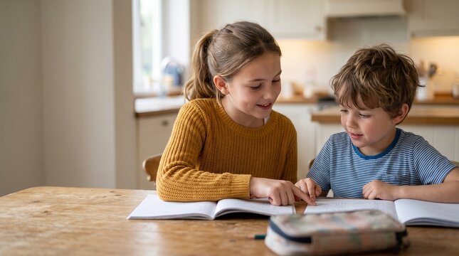 Siblings Learning Together at Kitchen Table for Back to School