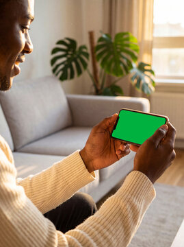Black man holding smartphone with green screen. Person using mobile device for video call.