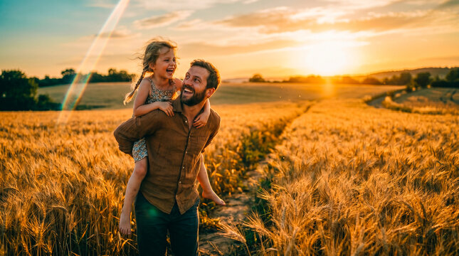Father giving daughter a piggyback ride. Parent and child playing in a golden wheat field.