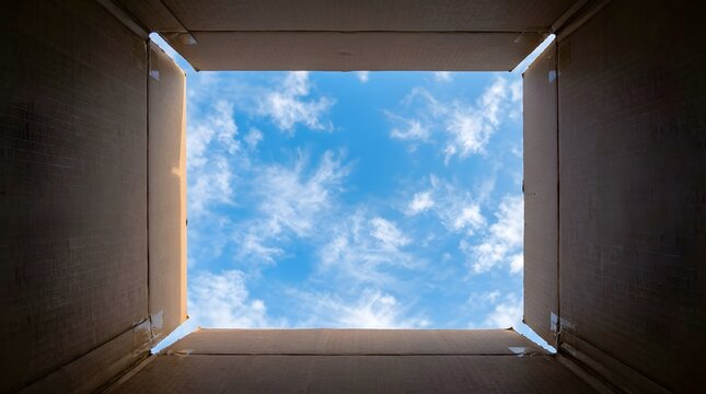 Blue sky with white clouds viewed from inside an open cardboard box representing thinking outside the box
