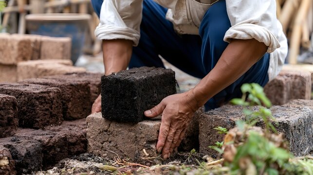 A person carefully placing a dark brown brick on top of another brick among many similar bricks outdoors