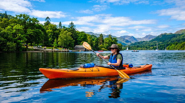 Woman kayaking on a calm lake. Active person paddling orange kayak in nature.