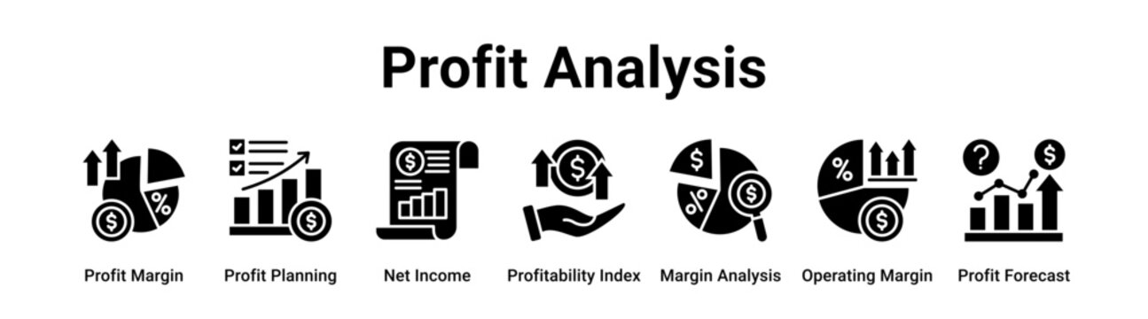 Profit Analysis web banner icon vector illustration concept for business with icon of Profit Margin, Profit Planning, Net Income, Profitability Index, Margin Analysis, Operating Margin.