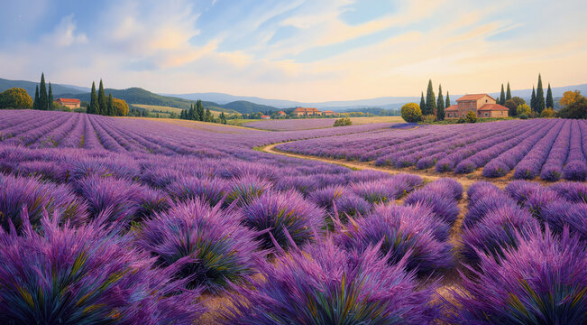 Vibrant lavender field in full bloom during summer harvest. Purple floral landscape with rows of fragrant flowers under clear sky.