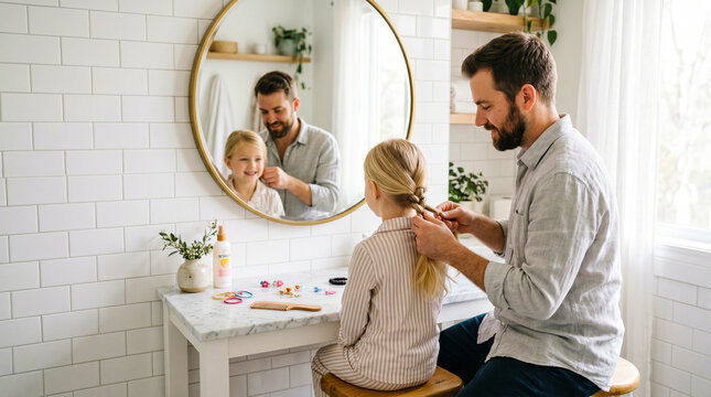 Father braiding daughter hair at home. Dad styling little girl hair in front of mirror.