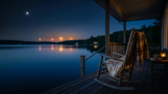Rocking chair on a porch at night. Peaceful lake view under a starry sky.