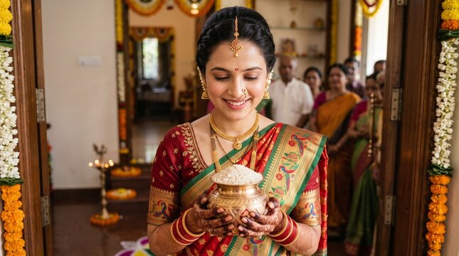 Joyful Indian bride in ethnic wear carrying a holy brass pot across a decorated threshold during her auspicious post-wedding Griha Pravesh ceremony.
