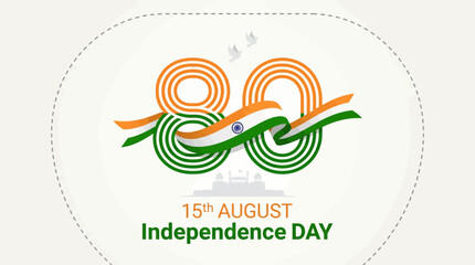 India Independence Day 80th anniversary celebration vector, 15th August national holiday banner, tricolor flag ribbon with number 80 and Red Fort © Seli