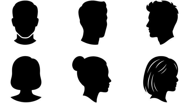 Diverse Human Head Silhouettes, Male and Female Profiles, Set of 6 Black Vector Icons for User Avatars, Identity, and Communication Concepts