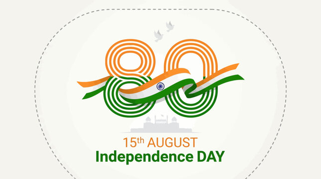 India Independence Day 80th anniversary celebration vector, 15th August national holiday banner, tricolor flag ribbon with number 80 and Red Fort