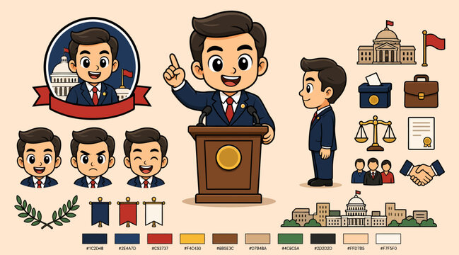 Cartoon Politician Speaking at Podium with Icons.