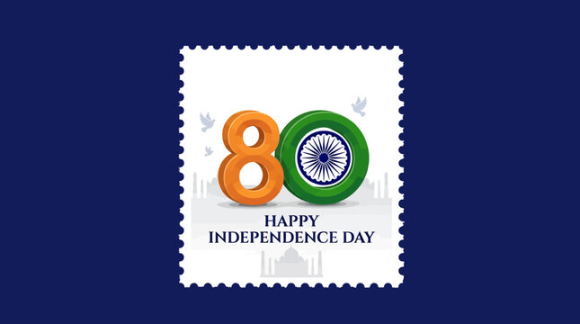 India 80th Independence Day postage stamp vector, 80 years of Indian freedom celebration graphic, tricolor national flag colors on blue background