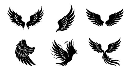 Fototapeta premium Set of Six Black Angel Wings Vector Illustrations, Gothic and Fantasy Wing Designs for Tattoos and Emblems