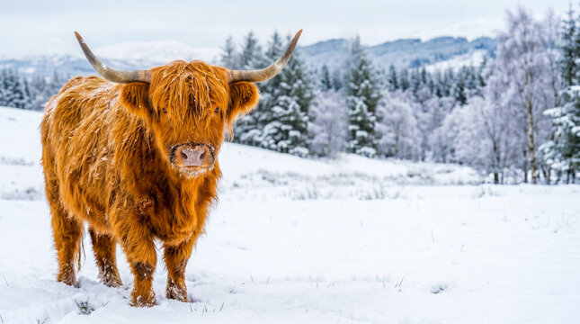 Highland cow standing in snowy field. Fluffy Scottish cattle in a cold winter landscape.