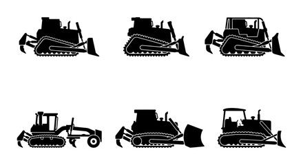 Bulldozer and Grader Icons, Heavy Construction Equipment Silhouettes, Industrial Machinery Vector Set, Earthmoving Vehicle Graphics © Sharmin