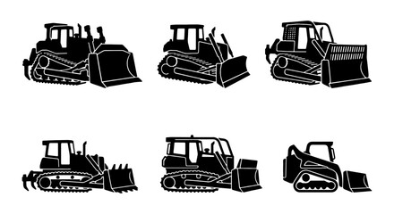 Bulldozer Vector Icons Set, Heavy Construction Machinery Silhouettes, Earthmover Equipment Graphics, Industrial Vehicle Illustrations © Sharmin