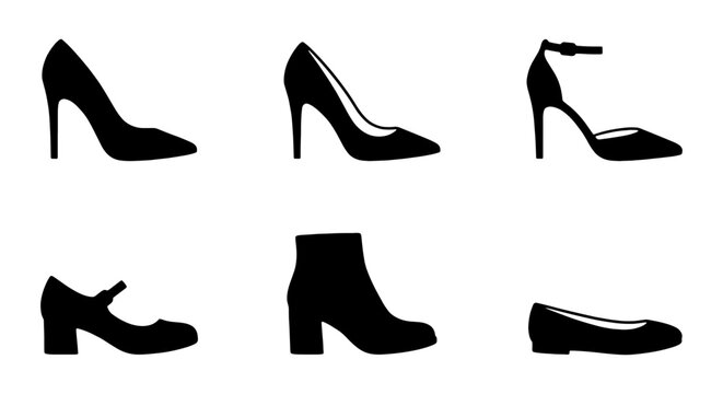 Elegant Women's Footwear Collection, Six Black Silhouette Styles: High Heels, Ankle Strap Pumps, Mary Janes, Ankle Boots, and Ballet Flats, Vector Icons for Fashion and Retail