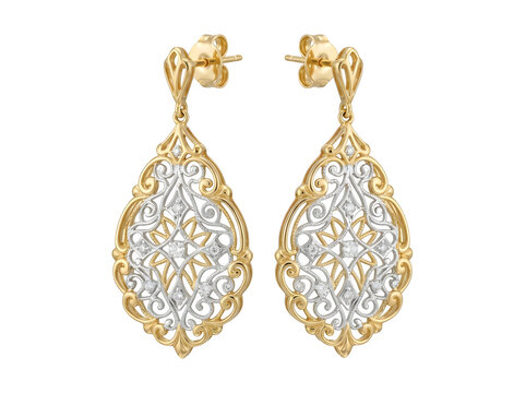 A pair of exquisite gold and silver filigree earrings with a teardrop shape and intricate metalwork, isolated on a solid black background isolated on a transparent background