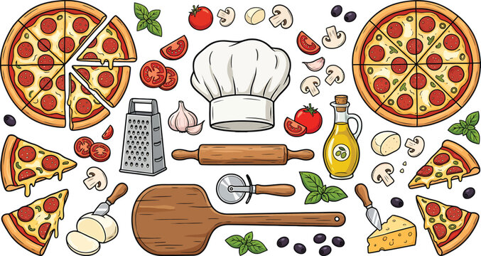Hand drawn pizza set with pepperoni slices chef hat kitchen tools and fresh ingredients in a colorful vector illustration
