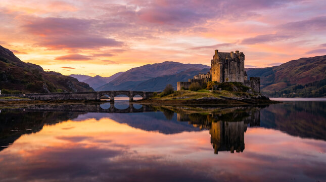 Ancient stone castle at sunset. Historic fortress reflecting on calm lake water.