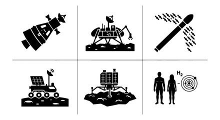 Space Exploration Icons Set: Rocket, Lander, Rover, Capsule, Astronaut, Lunar Module, Cosmic Journey, Science Technology Vector Graphics © Tareq