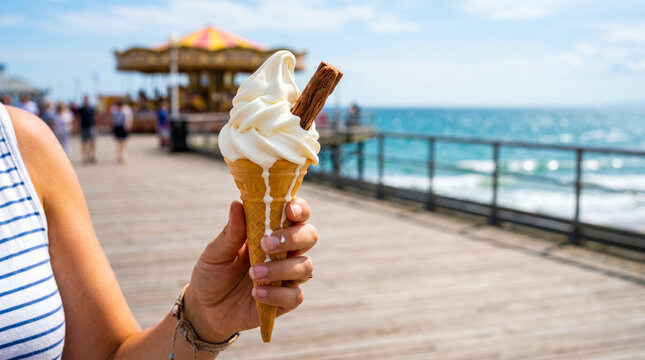 Woman holding ice cream on a pier. Soft serve cone at the seaside during summer vacation.