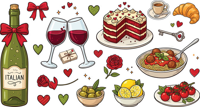 Romantic Italian dinner sticker set featuring wine bottle glasses pasta cake rose and food elements in hand drawn style