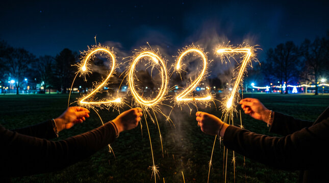 People holding sparklers forming 2027. New Year celebration with glowing light painting.